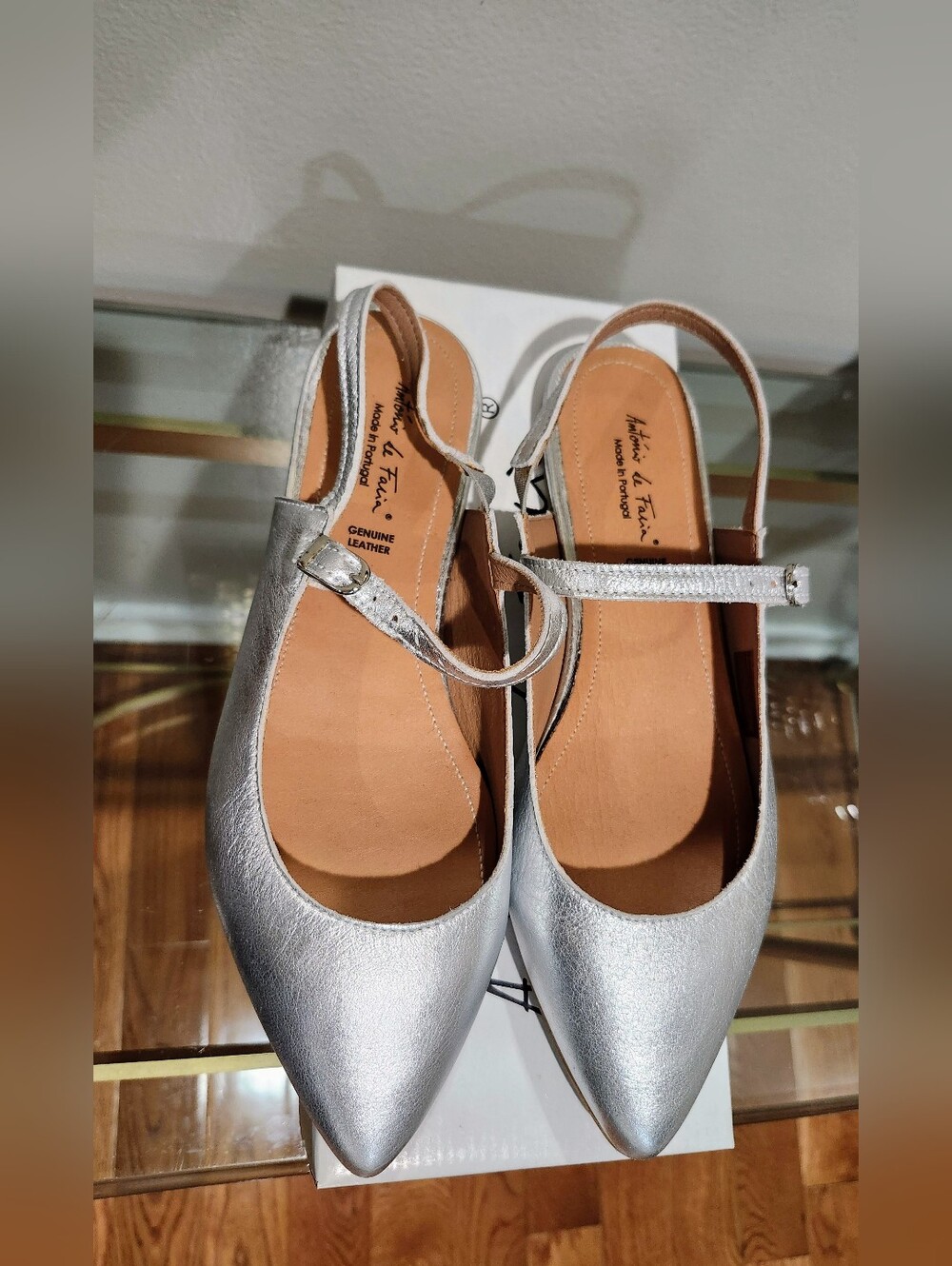 Antonio De Falia Anna Silver Pointed Toe Slingback Flats with Ankle Strap